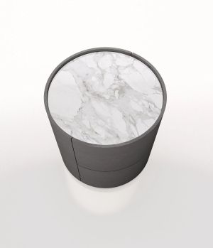 DEDALO ROUND NIGHTSTAND 17" - DARK GREY ASH/CALACATTA MARBLE GLASS